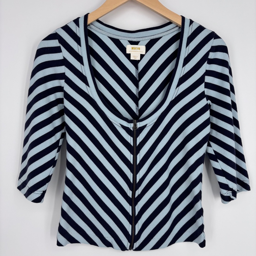 Maeve Anthropologie Front Zip Scoop Neck Top Women Small Blue Chevron Ribbed‎
